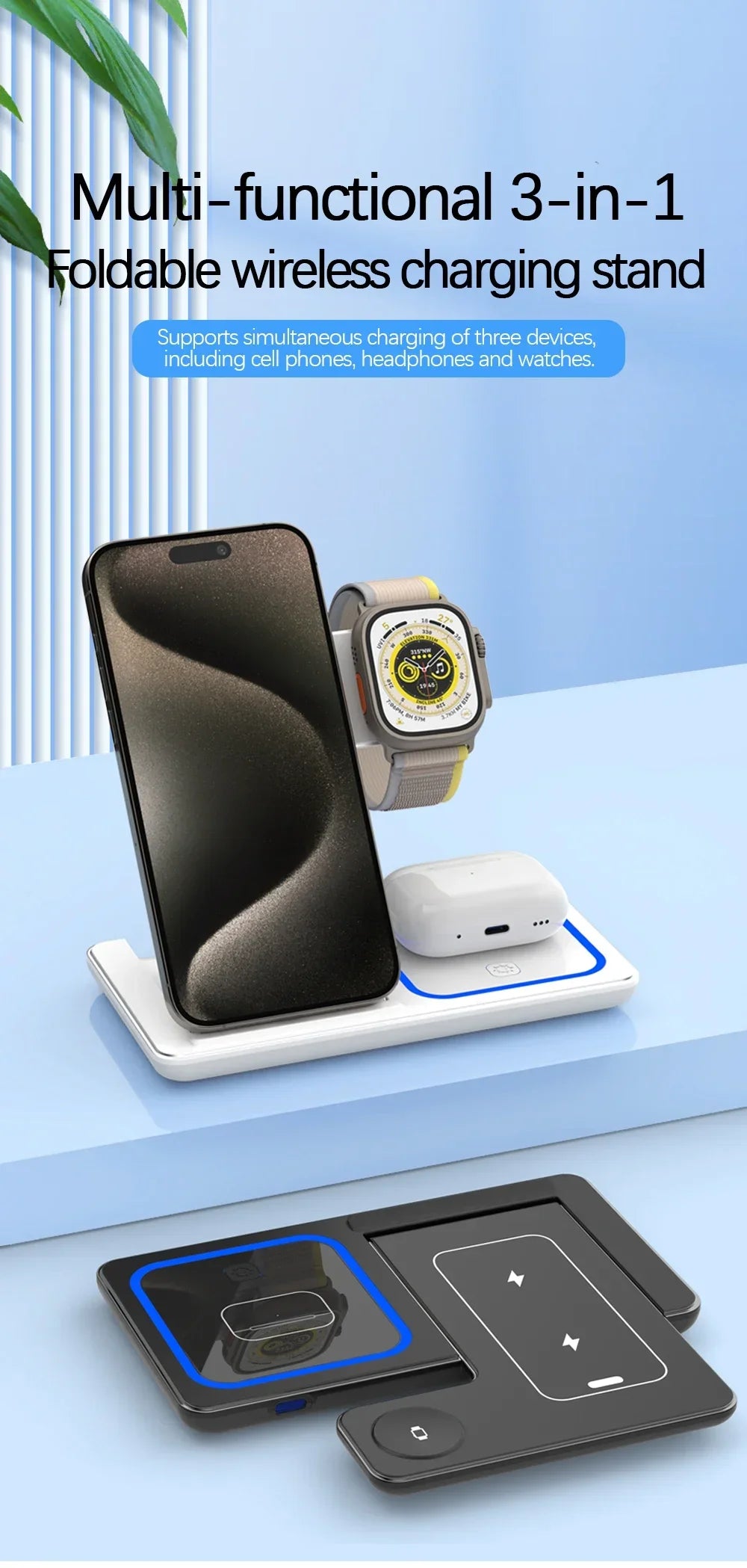 30W Magnetic Wireless Charger Stand for iPhone 15 14 13 12 Pro Max Apple Watch 8 7 Airpods Pro 3 In 1 Fast Phone Charging Sation